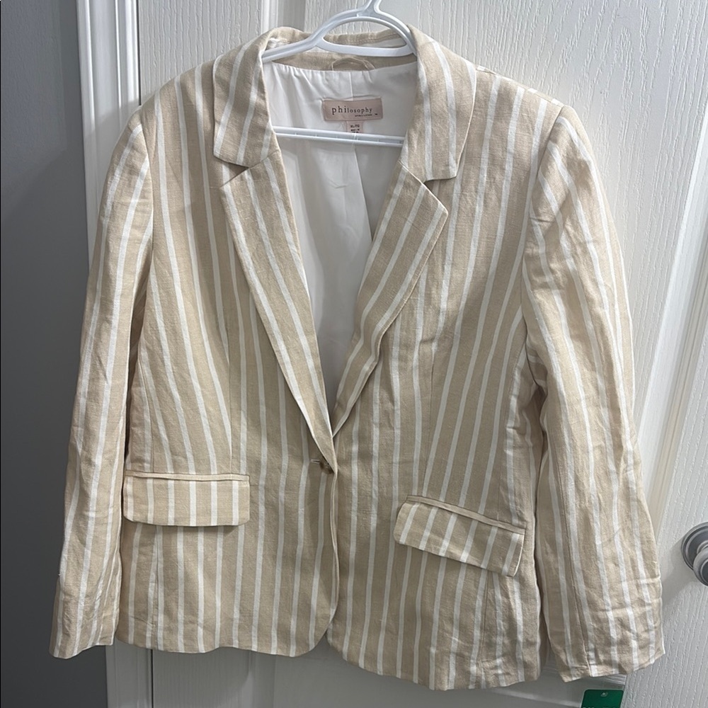Philosophy Tan and White Pinstripe Blazer with Notched Lapel